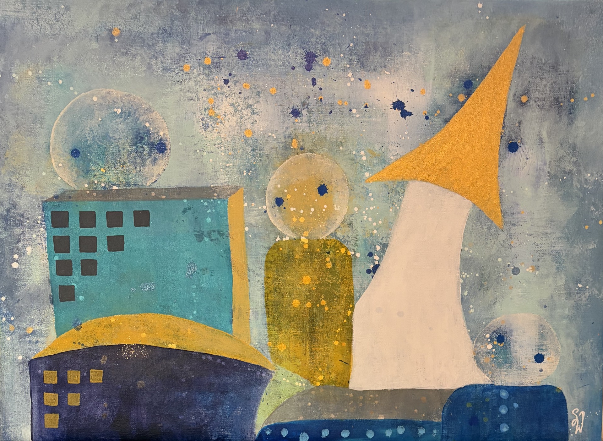 "Liten by" 97x70 cm Akryl på juteduk